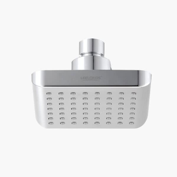 Un cabezal de ducha de lluvia de alta presión rectangular de acero inoxidable con múltiples boquillas pequeñas, unido a un soporte cilíndrico.