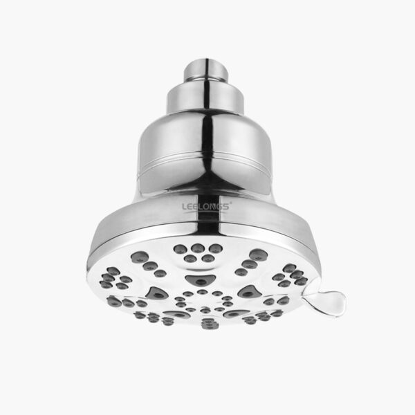 A chrome multi-function rain ceiling shower with adjustable spray settings and a side lever, set against a white background.