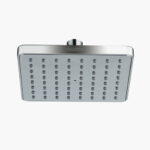 A chrome square bathroom rain shower head with straight-line nozzles and a short neck for wall or ceiling mounting.