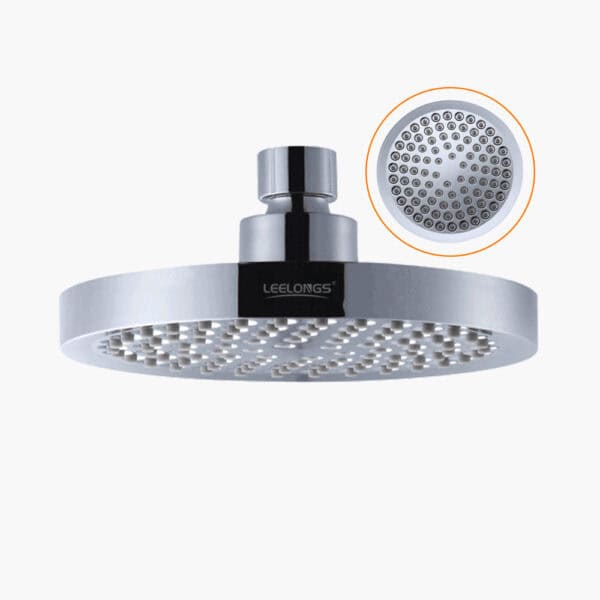 Çoklu püskürtme ucuna sahip yuvarlak, gümüş renkli "Leelong" duş başlığı. Ekteki görselde püskürtme uçlarının yakın çekimi gösterilmektedir.