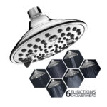 Chrome shower head with six water flow functions, shown in smaller images highlighting different spray patterns.