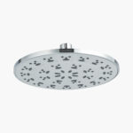 A round chrome showerhead with multiple nozzles in a symmetrical pattern, mounted on a short central pipe.