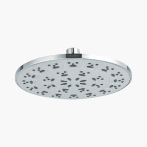 A modern, circular metallic wall mount rain shower with multiple water nozzles arranged in a floral pattern.