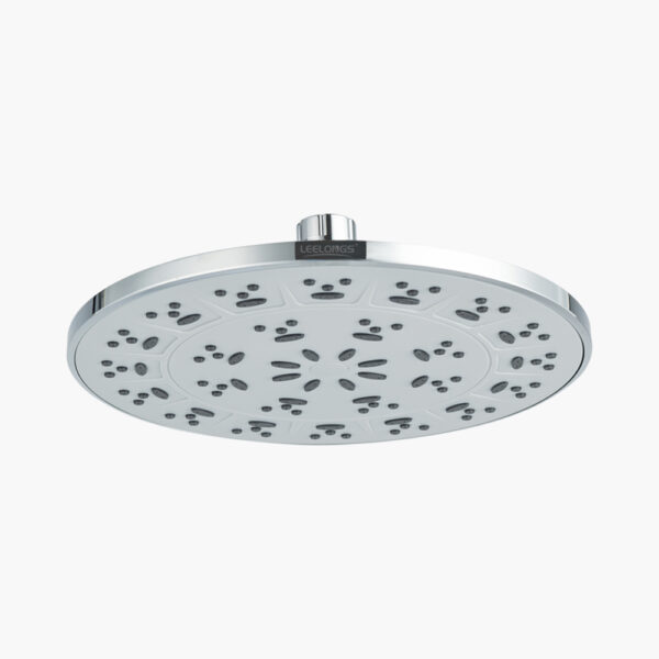 A modern, circular metallic wall mount rain shower with multiple water nozzles arranged in a floral pattern.