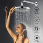 A person enjoys a rainfall shower with a 22cm, easy-to-clean, easy-to-install head featuring G1/2" thread.