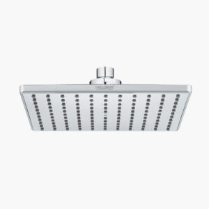 A square, ceiling mounted rain shower head with many nozzles, viewed from below against a white background.