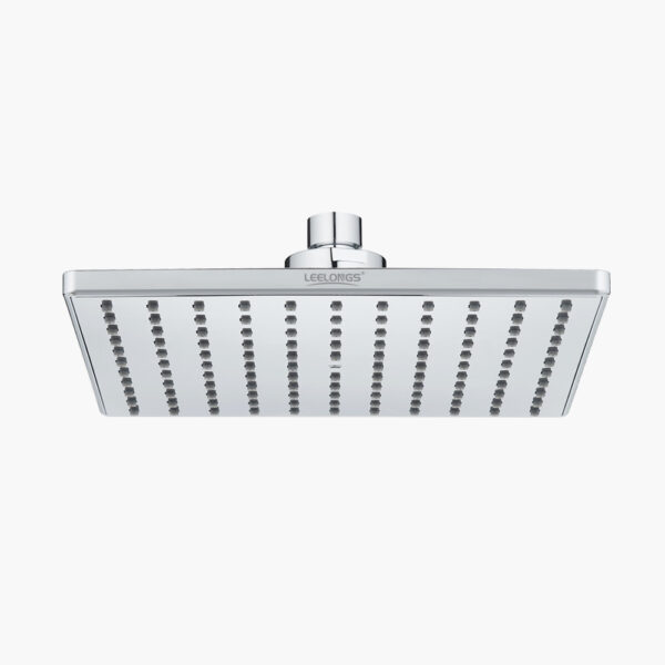 A square, ceiling mounted rain shower head with many nozzles, viewed from below against a white background.