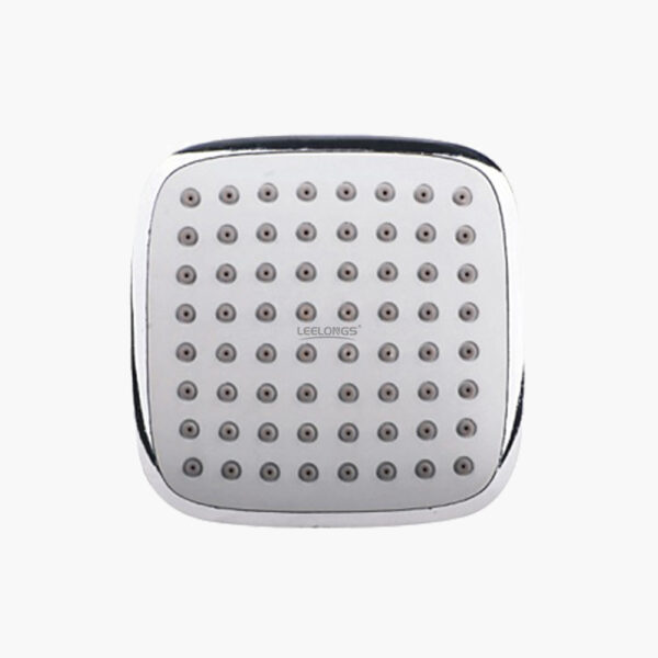 A big square shower head with a grid of small nozzles.