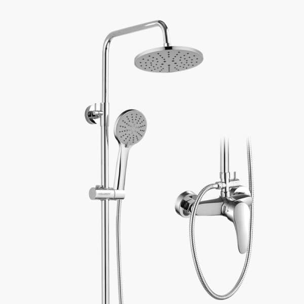 Σύστημα ντους χρωμίου με στρογγυλές κεφαλές ντους οροφής και χειρός, ρυθμιζόμενο ύψος και επιτοίχιο χειριστήριο σε λευκό φόντο.