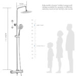 Schema van een verstelbaar douchesysteem voor volwassenen en kinderen, met een hoogte van 110-150 cm en een douchekopverlenging van 33 cm. Geschikt voor alle posturen.