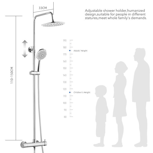 Esquema de un sistema de ducha regulable para adultos y niños, con alturas de 110-150 cm y extensión de rociador de 33 cm. Apto para todas las estaturas.