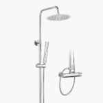 Modern chrome shower system with round overhead and handheld showerheads, plus a control valve.