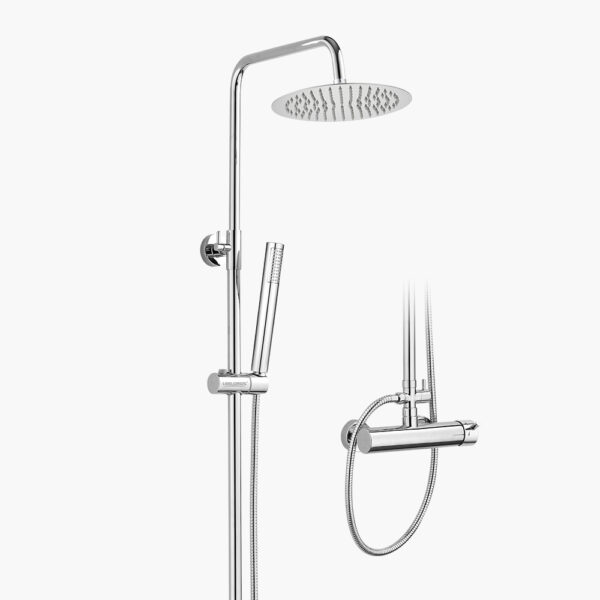 Modern chrome shower system with round overhead and handheld showerheads, plus a control valve.