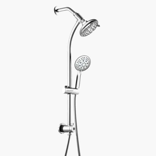 Μια κεφαλή ντους βροχής με συνδυασμό χειρός, και οι χειροκίνητες κεφαλές συνδέονται σε μια κάθετη ράβδο.