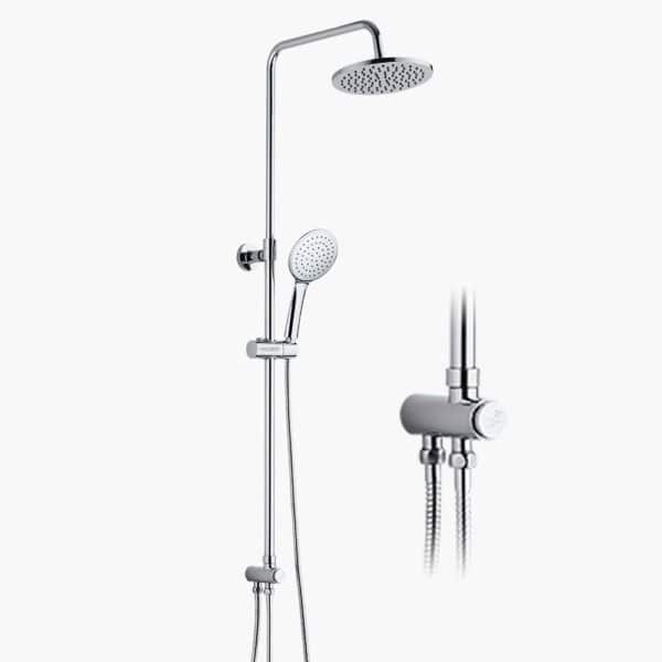 Επιτοίχια αναμίκτης ντους μπάνιου με ντους ψιλής βροχής από πάνω και χειροκίνητο εξάρτημα σε συρόμενη ράγα σε λευκό φόντο.