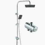 Kit de chuveiro Chromebath com chuveiros quadrados e de mão, barra deslizante ajustável e válvula de controle de fluxo de água.