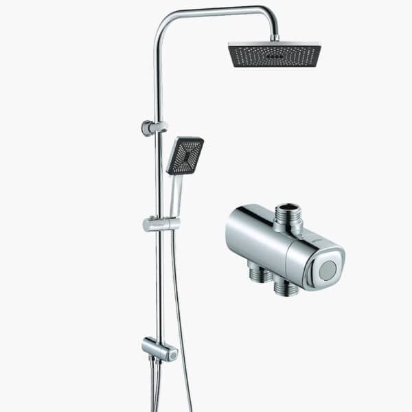 Kit de chuveiro Chromebath com chuveiros quadrados e de mão, barra deslizante ajustável e válvula de controle de fluxo de água.