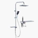 Σύγχρονη βρύση ντους με ντους χειρός, κεφαλή χειρός, σαπουνοθήκη και εύκαμπτο σωλήνα.