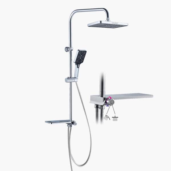 Σύγχρονη βρύση ντους με ντους χειρός, κεφαλή χειρός, σαπουνοθήκη και εύκαμπτο σωλήνα.