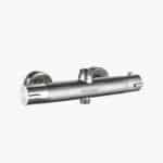 2 つの丸型壁マウントおよび中央コントロール ノブを備えたステンレス製サーモスタット シャワー バルブ。