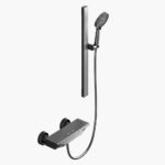 A sleek shower fixture with a handheld head, wall-mounted rail and hose, plus a two-knob control panel.