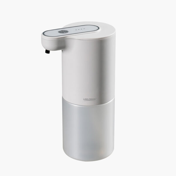 A wall mount automatic soap dispenser with a clear lower section and top nozzle.