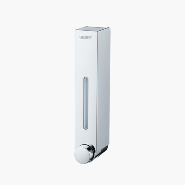 Wall-mounted chrome soap dispenser with a clear vertical window to view level and push button for dispensing.