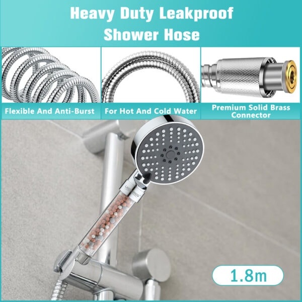Heavy duty leakproof shower hose with flexible anti-burst design, suitable for hot and cold water, featuring a solid brass connector, 1.8m length.