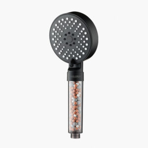 Shower head with built-in aromatherapy stones and adjustable spray settings, modern black design, eco-friendly water-saving features, ideal for relaxing baths, from Deepblue.