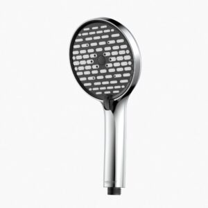 Sleek modern handheld shower head with adjustable spray settings, chrome finish, and ergonomic design for bathroom use.