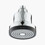 Modern handheld showerhead with sleek geometric design and chrome finish, suitable for contemporary bathroom decor, high-pressure water flow for a luxurious shower experience.