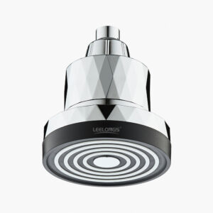 Modern handheld showerhead with sleek geometric design and chrome finish, suitable for contemporary bathroom decor, high-pressure water flow for a luxurious shower experience.