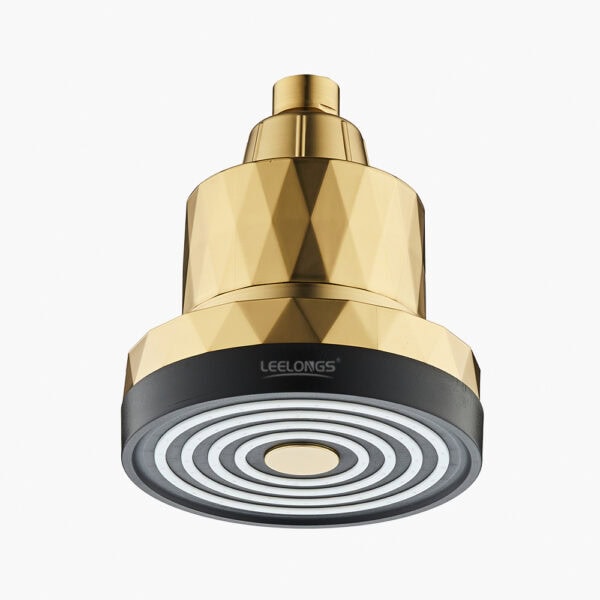 Modern gold showerhead with sleek geometric design, high-pressure spray, water-saving features, and durable construction, perfect for luxury bathrooms.