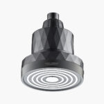 A modern black and gray shower head with a sleek geometric design, ideal for contemporary bathrooms.