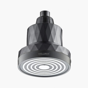 A modern black and gray shower head with a sleek geometric design, ideal for contemporary bathrooms.