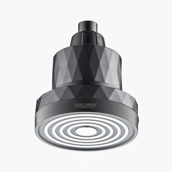 A modern black and gray shower head with a sleek geometric design, ideal for contemporary bathrooms.