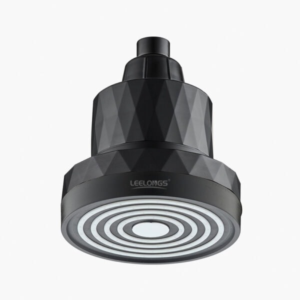 Black showerhead with a modern geometric design, perfect for bathroom upgrades and water-saving fixtures.