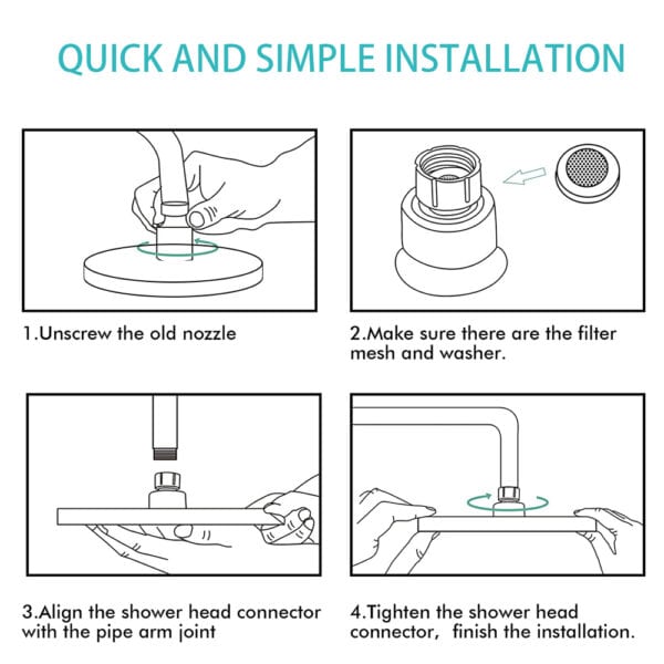 Étapes pour installer la pomme de douche surdimensionnée Leelongs : dévissez l'ancienne, vérifiez le filtre, alignez la nouvelle pomme et serrez pour terminer.