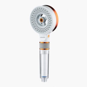 Leelongs chrome handheld shower head, 3 spray modes, gray face, orange accents, clear handle with filter, on white background.