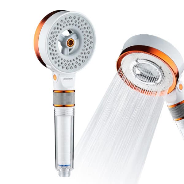 Chuveiro de mão Leelongs Chrome com 3 modos de jato mostrados: um jorra água e outro seca pela lateral.
