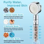 Handheld shower head with 6 modes, quick-release filter, and mineral beads (zeolite, maifanite, tourmaline) for filtration.