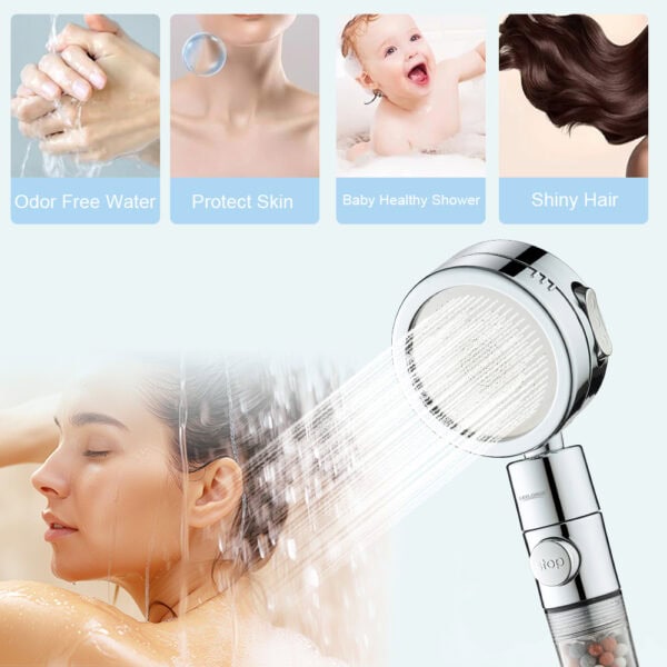 Handheld shower head with 6-mode filter, quick-release cartridge, for odor-free, skin-safe, baby-friendly showers and shiny hair.