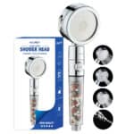 Handheld shower head with filter, 6 spray modes, quick-release cartridge; shown with box and spray pattern insets.