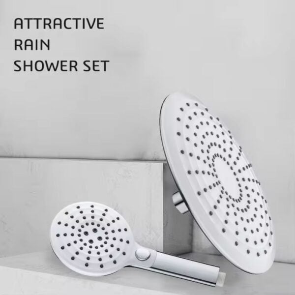 Chuveiro Leelongs e conjunto de chuveiro de mão mostrados em uma superfície cinza claro com "CONJUNTO DE CHUVEIRO DE CHUVA ATRAENTE" na parede.