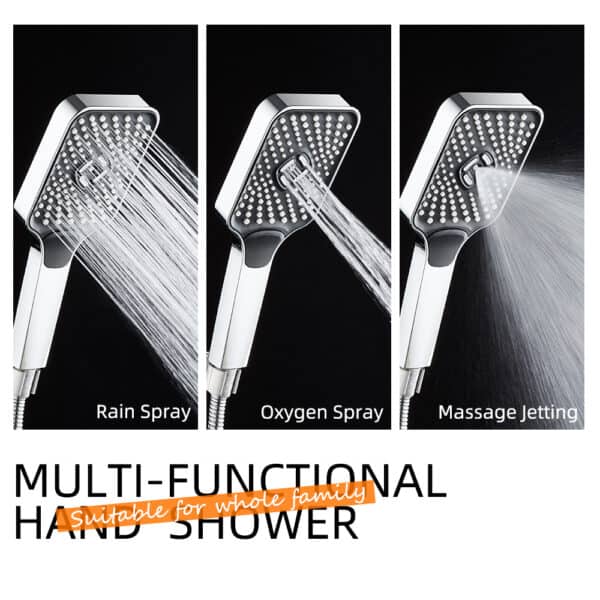 Chuveiro ajustável Leelongs mostrado nos modos chuva, oxigênio e massagem, com texto destacando suas funções versáteis.