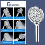 Handheld shower head with filter, 6 spray modes shown in labeled images. Features quick-release cartridge.