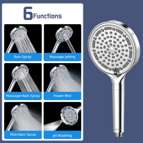 Handheld shower head with filter, 6 spray modes shown in labeled images. Features quick-release cartridge.