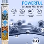 Diagram of Leelongs SH-2778 shower head’s 5-stage filter removing rust, solids, and chlorine; labeled benefits shown.