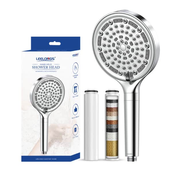 Handheld shower head with 6-mode negative-ion rainfall, 2 filter cartridges, and "Leelongs" branded packaging.