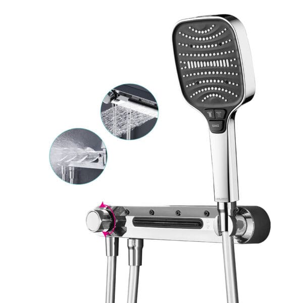 Chuveiro de mão Leelongs Chrome com 3 modos de jato, face retangular; as inserções mostram padrões de jato em close-up.